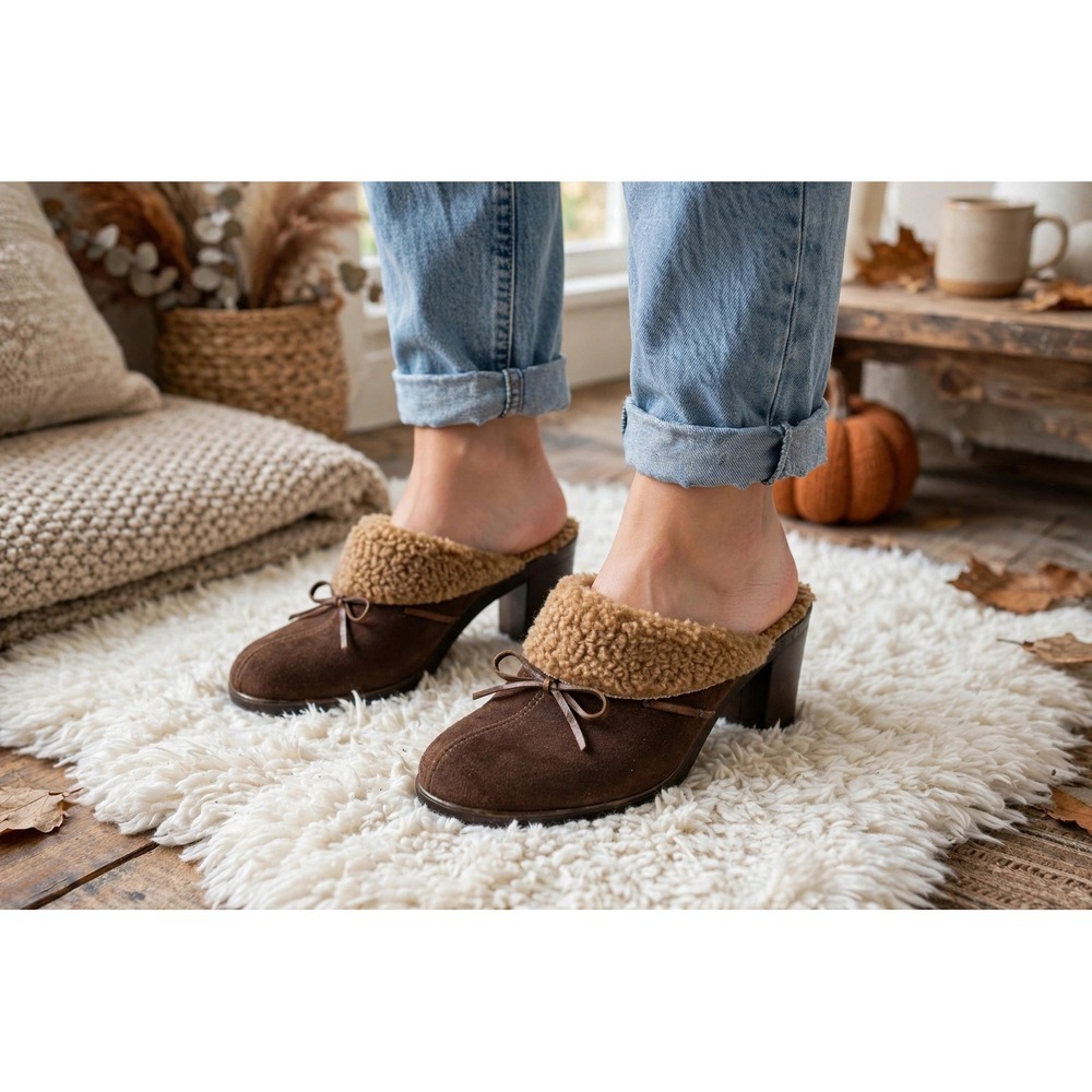 Earth Spirit Womens Slip On Heels 7.5 Brown Suede Sherpa Mules